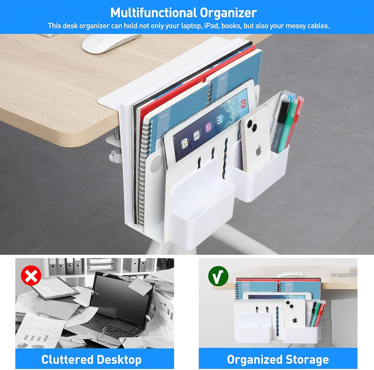 Desk Side Storage, Under Desk Laptop Mount, Table Side Hanging File Organizer, No Drill Clamp On Cable Management Tray, Laptop Holder with Magnetic Pen Holder for Office and Home, Load 22 Lbs