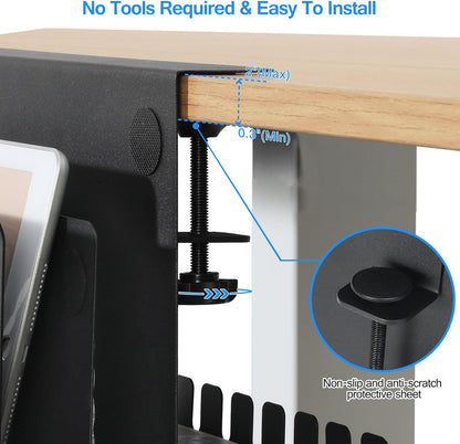 Desk Side Storage, Under Desk Laptop Mount, Table Side Hanging File Organizer, No Drill Clamp On Cable Management Tray, Laptop Holder with Magnetic Pen Holder for Office and Home, Load 22 Lbs