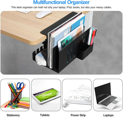 Desk Side Storage, Under Desk Laptop Mount, Table Side Hanging File Organizer, No Drill Clamp On Cable Management Tray, Laptop Holder with Magnetic Pen Holder for Office and Home, Load 22 Lbs