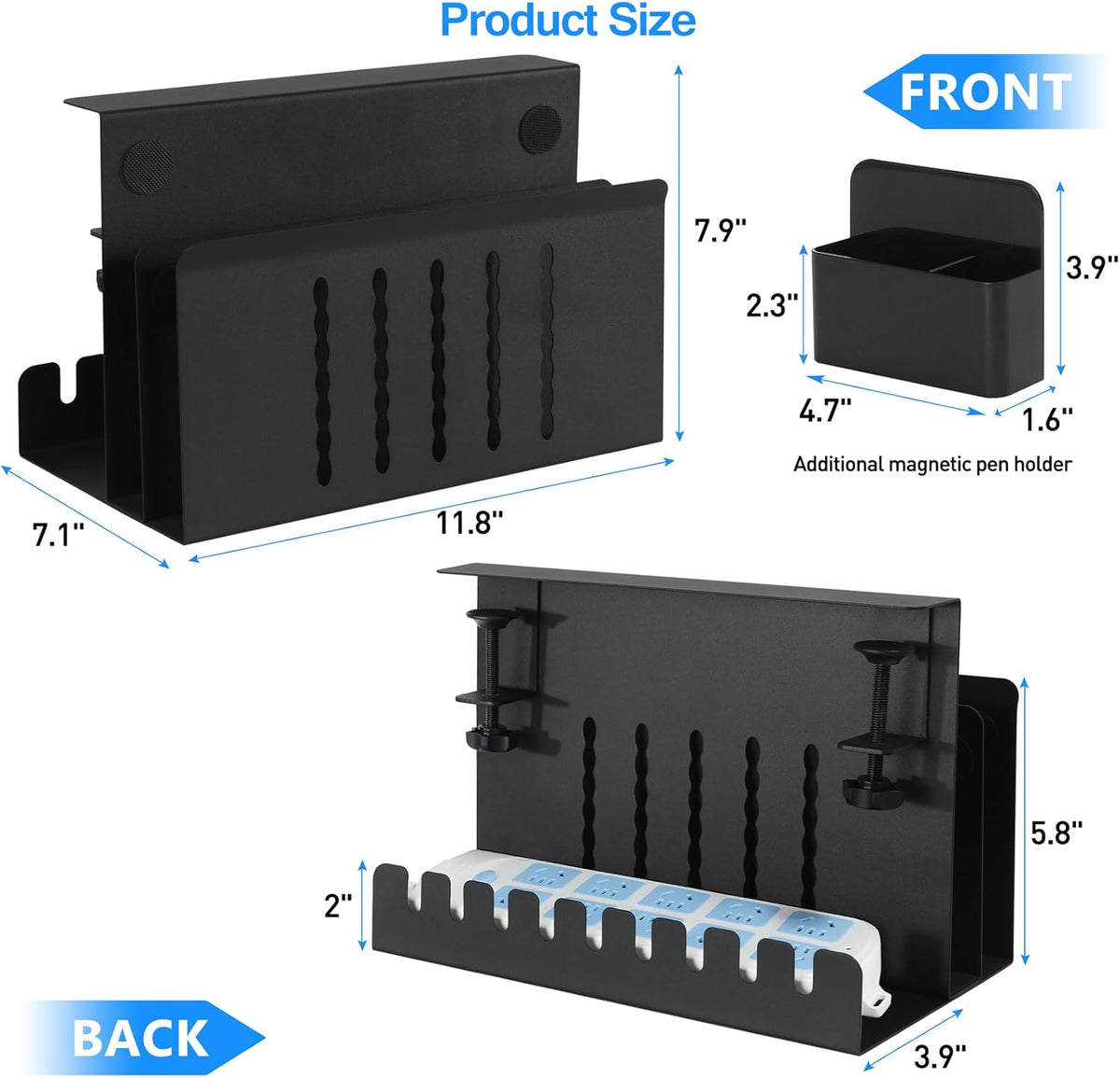 Desk Side Storage, Under Desk Laptop Mount, Table Side Hanging File Organizer, No Drill Clamp On Cable Management Tray, Laptop Holder with Magnetic Pen Holder for Office and Home, Load 22 Lbs