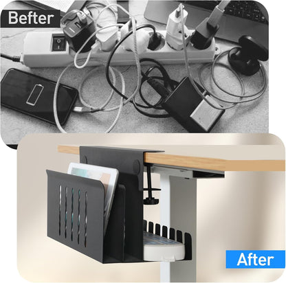 Desk Side Storage, Under Desk Laptop Mount, Table Side Hanging File Organizer, No Drill Clamp On Cable Management Tray, Laptop Holder with Magnetic Pen Holder for Office and Home, Load 22 Lbs