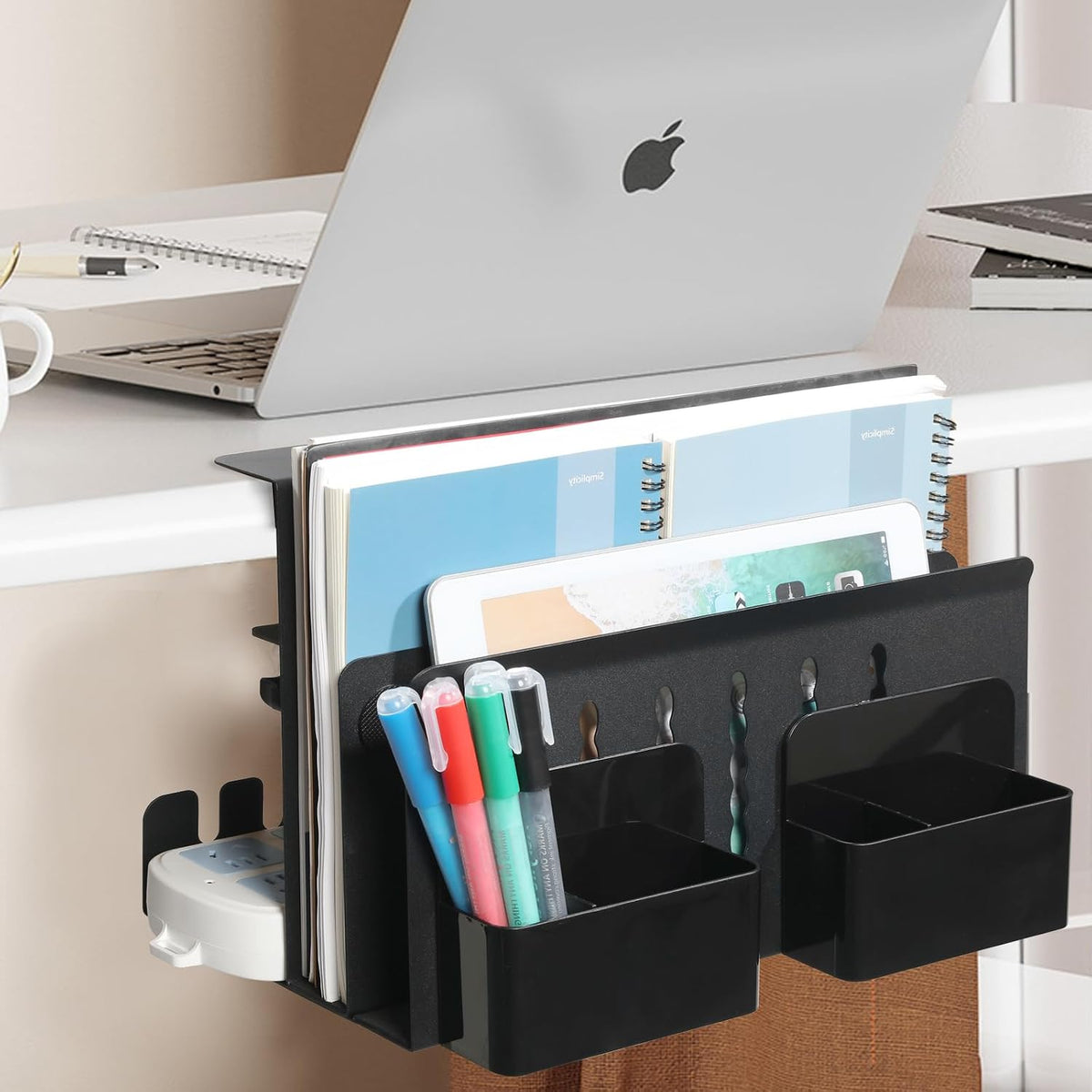 Desk Side Storage, Under Desk Laptop Mount, Table Side Hanging File Organizer, No Drill Clamp On Cable Management Tray, Laptop Holder with Magnetic Pen Holder for Office and Home, Load 22 Lbs