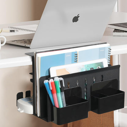 Desk Side Storage, Under Desk Laptop Mount, Table Side Hanging File Organizer, No Drill Clamp On Cable Management Tray, Laptop Holder with Magnetic Pen Holder for Office and Home, Load 22 Lbs