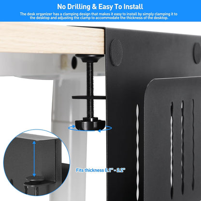 Desk Side Storage, Under Desk Laptop Mount, Table Side Hanging File Organizer, No Drill Clamp On Cable Management Tray, Laptop Holder with Magnetic Pen Holder for Office and Home, Load 22 Lbs