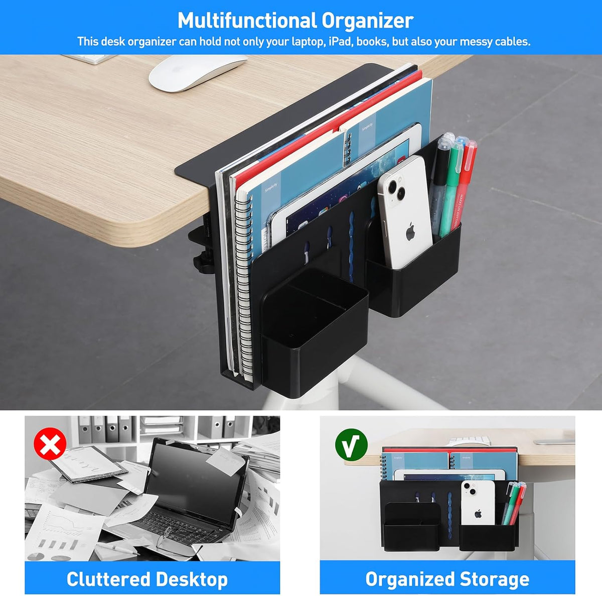 Desk Side Storage, Under Desk Laptop Mount, Table Side Hanging File Organizer, No Drill Clamp On Cable Management Tray, Laptop Holder with Magnetic Pen Holder for Office and Home, Load 22 Lbs
