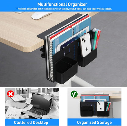 Desk Side Storage, Under Desk Laptop Mount, Table Side Hanging File Organizer, No Drill Clamp On Cable Management Tray, Laptop Holder with Magnetic Pen Holder for Office and Home, Load 22 Lbs
