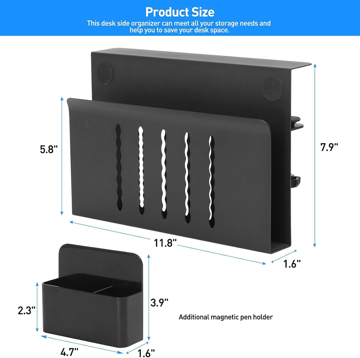 Desk Side Storage, Under Desk Laptop Mount, Table Side Hanging File Organizer, No Drill Clamp On Cable Management Tray, Laptop Holder with Magnetic Pen Holder for Office and Home, Load 22 Lbs