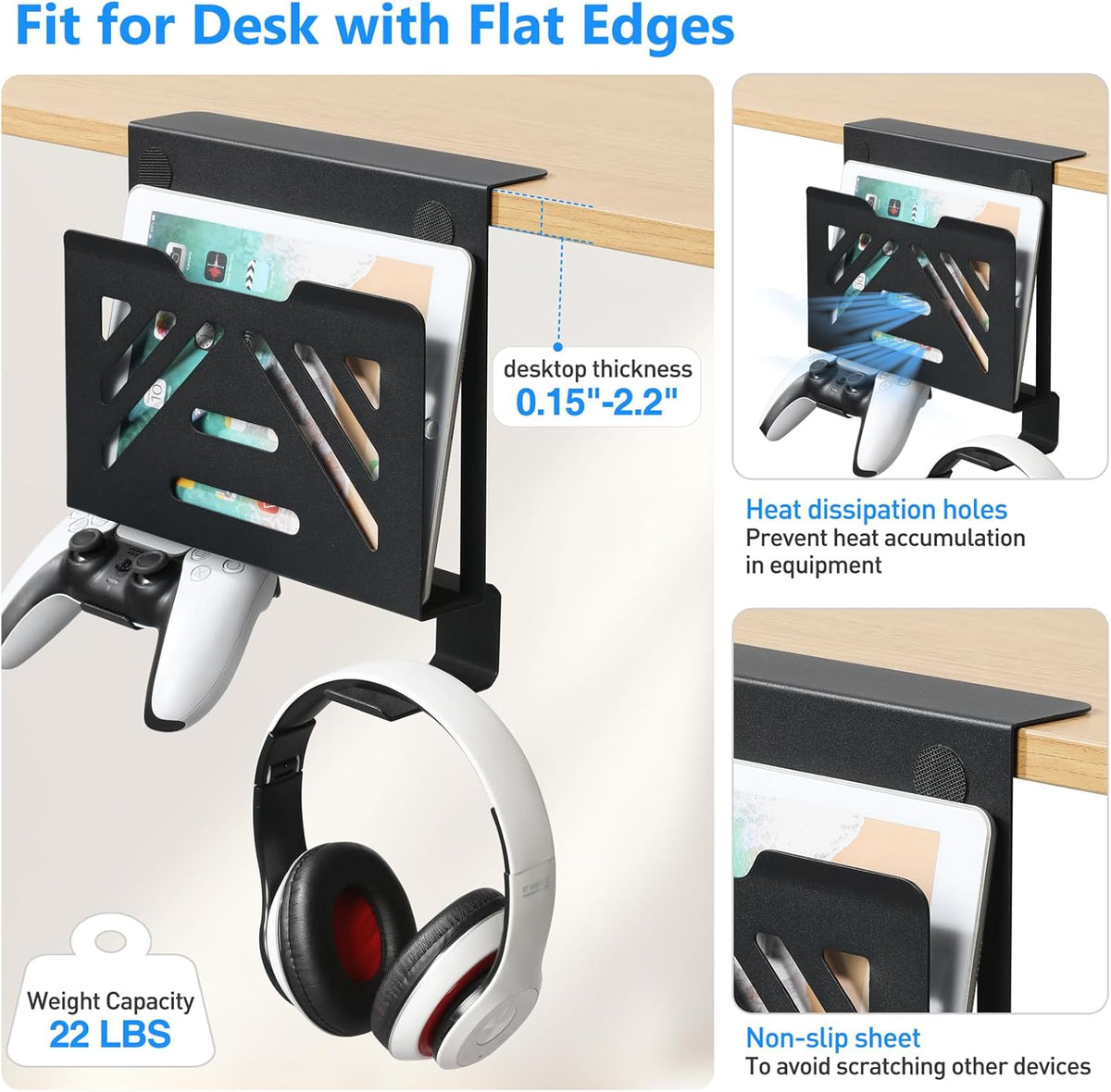 Desk Side Storage, Under Desk Laptop Mount, Table Side Hanging File Organizer, No Drill Clamp On Cable Management Tray, Laptop Holder with Magnetic Pen Holder for Office and Home, Load 22 Lbs