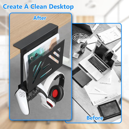 Desk Side Storage, Under Desk Laptop Mount, Table Side Hanging File Organizer, No Drill Clamp On Cable Management Tray, Laptop Holder with Magnetic Pen Holder for Office and Home, Load 22 Lbs