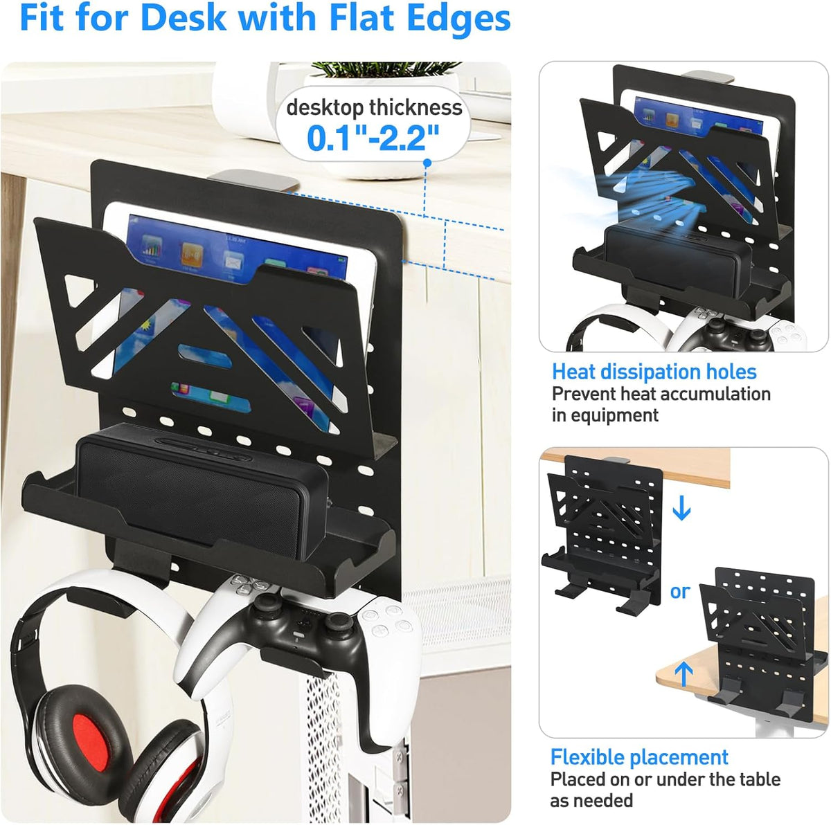 Desk Side Storage, Under Desk Laptop Mount, Table Side Hanging File Organizer, No Drill Clamp On Cable Management Tray, Laptop Holder with Magnetic Pen Holder for Office and Home, Load 22 Lbs