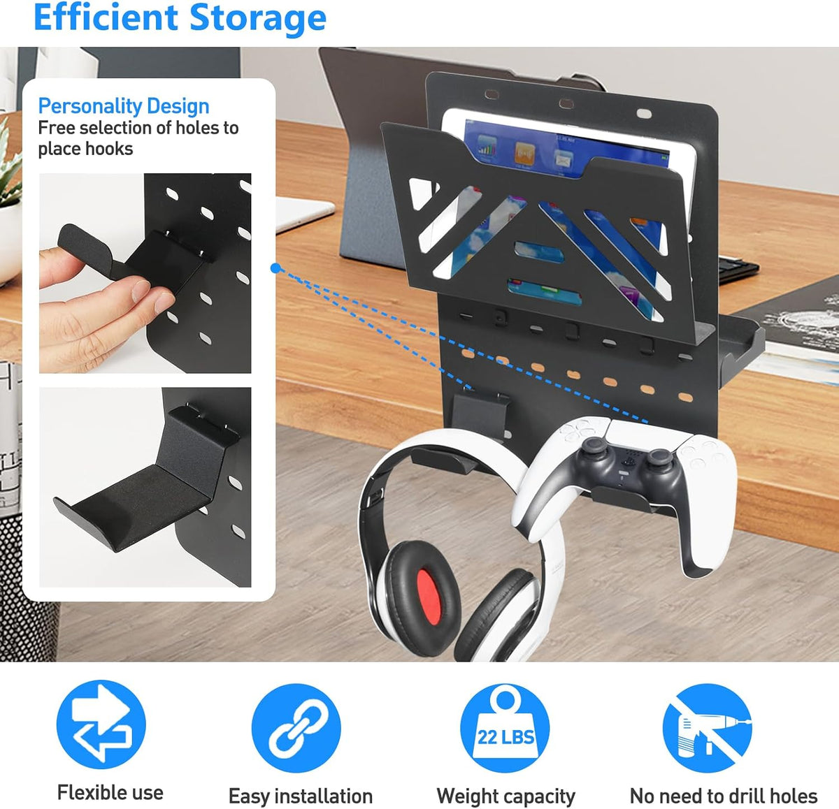 Desk Side Storage, Under Desk Laptop Mount, Table Side Hanging File Organizer, No Drill Clamp On Cable Management Tray, Laptop Holder with Magnetic Pen Holder for Office and Home, Load 22 Lbs