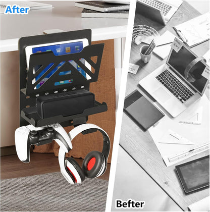 Desk Side Storage, Under Desk Laptop Mount, Table Side Hanging File Organizer, No Drill Clamp On Cable Management Tray, Laptop Holder with Magnetic Pen Holder for Office and Home, Load 22 Lbs