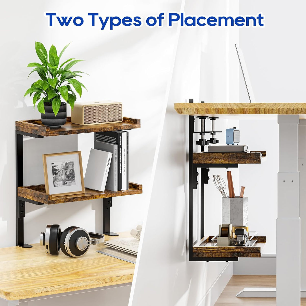 Clamp On Desk Shelf 2-Tier, 12.6 inche Wood Shelving Unit for Office Desk/Gaming Accessories, Tabletop Book Storage Rack, Shelf for Top & Under of Desk, Brown