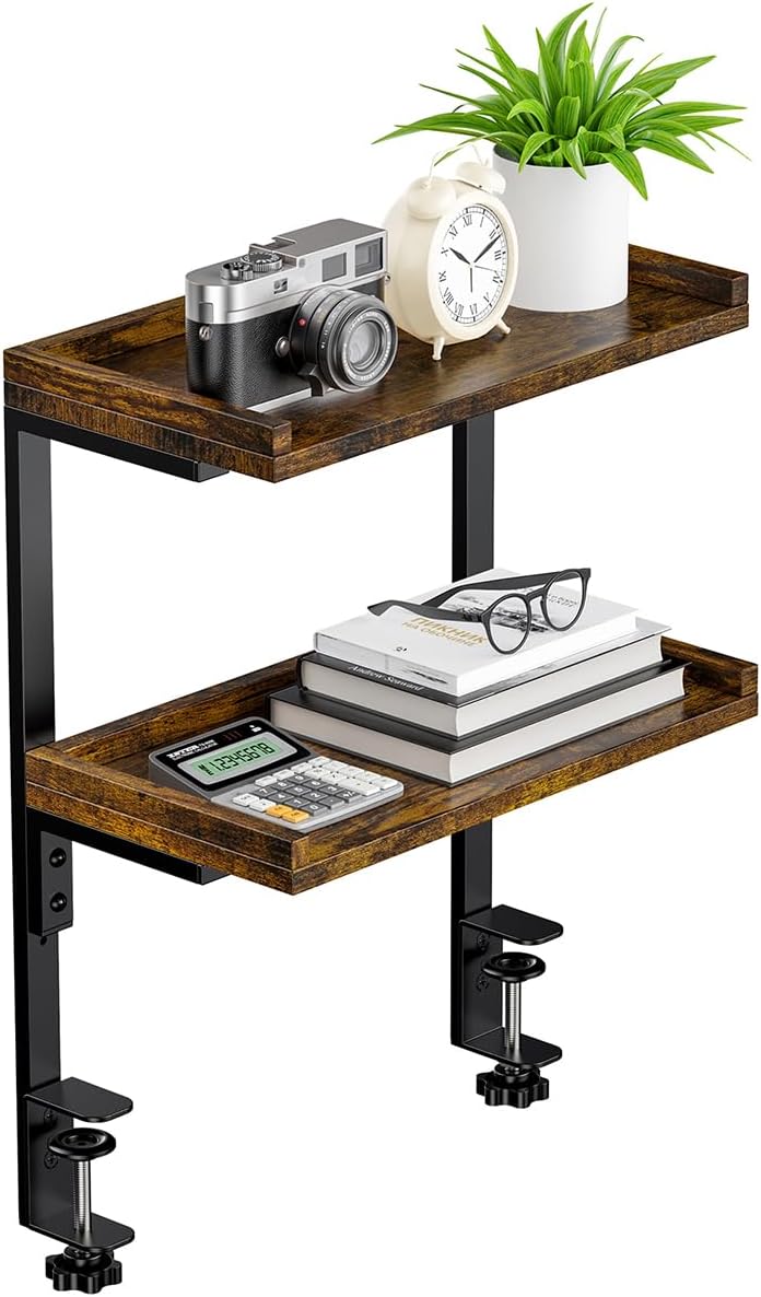 Clamp On Desk Shelf 2-Tier, 12.6 inche Wood Shelving Unit for Office Desk/Gaming Accessories, Tabletop Book Storage Rack, Shelf for Top & Under of Desk, Brown