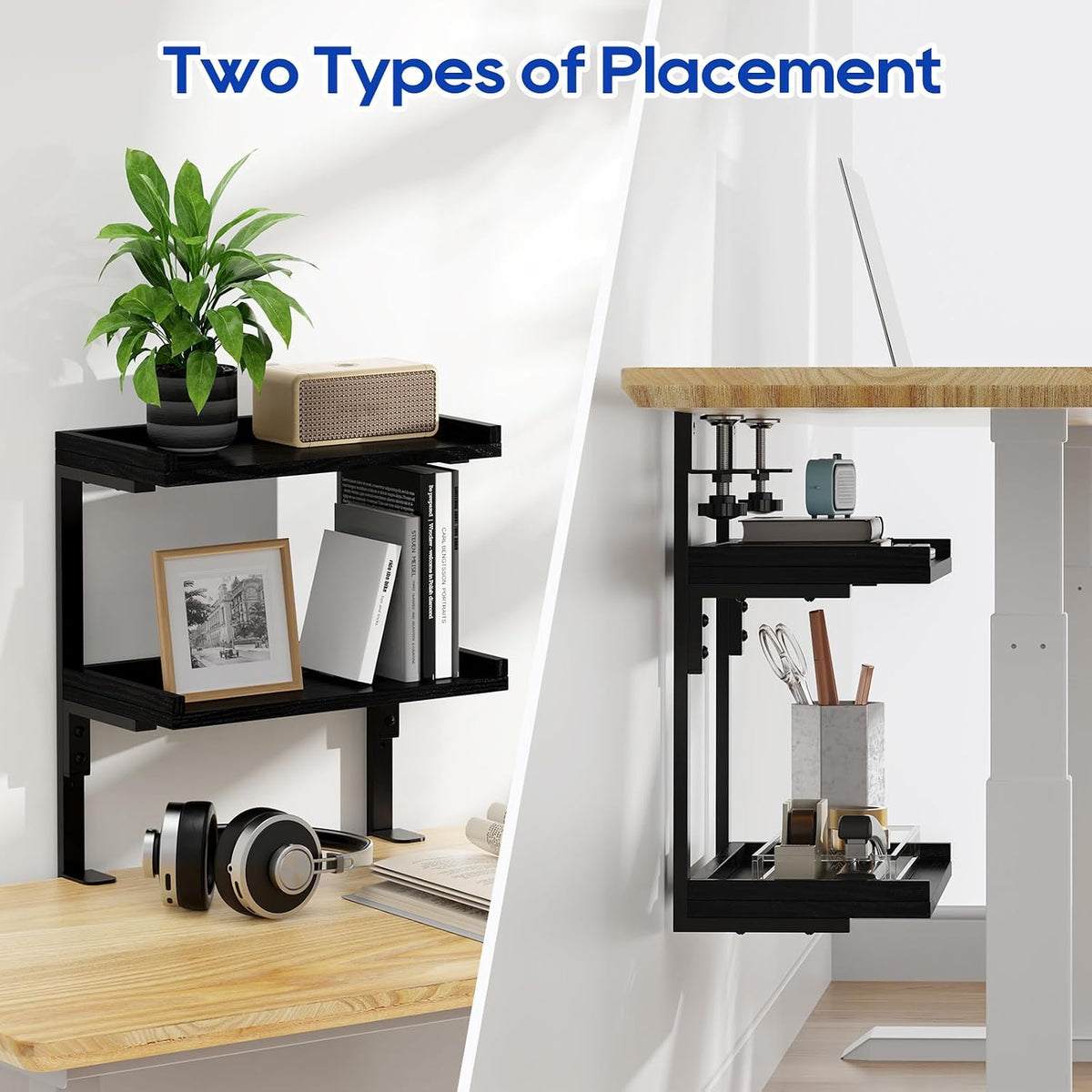 Clamp On Desk Shelf 2-Tier, 12.6 inche Wood Shelving Unit for Office Desk/Gaming Accessories, Tabletop Book Storage Rack, Shelf for Top & Under of Desk, Brown