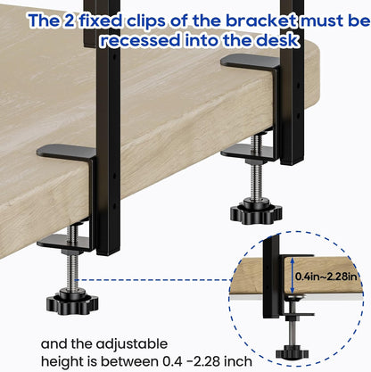 Clamp On Desk Shelf 2-Tier, 12.6 inche Wood Shelving Unit for Office Desk/Gaming Accessories, Tabletop Book Storage Rack, Shelf for Top & Under of Desk, Brown