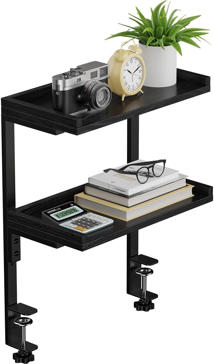 Clamp On Desk Shelf 2-Tier, 12.6 inche Wood Shelving Unit for Office Desk/Gaming Accessories, Tabletop Book Storage Rack, Shelf for Top & Under of Desk, Brown
