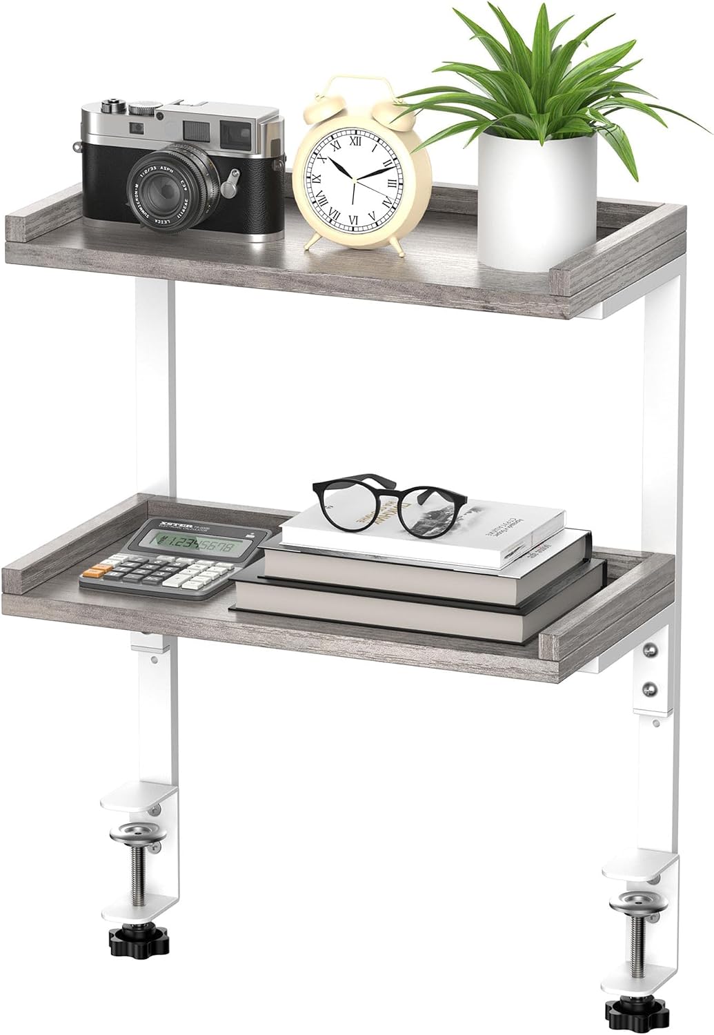 Clamp On Desk Shelf 2-Tier, 12.6 inche Wood Shelving Unit for Office Desk/Gaming Accessories, Tabletop Book Storage Rack, Shelf for Top & Under of Desk, Brown