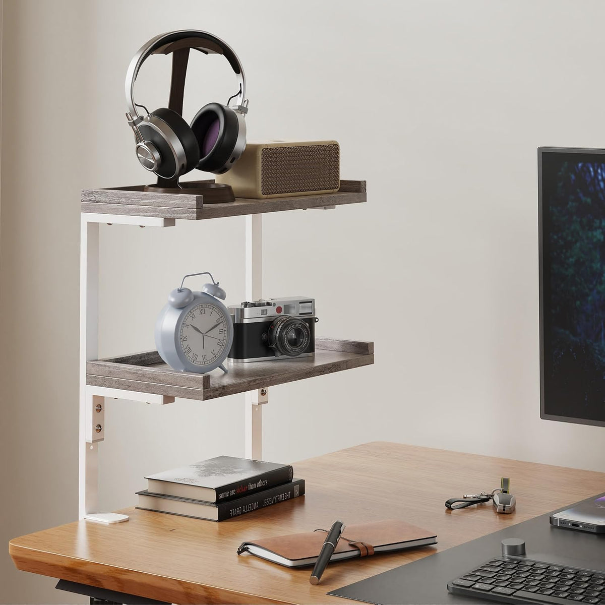 Clamp On Desk Shelf 2-Tier, 12.6 inche Wood Shelving Unit for Office Desk/Gaming Accessories, Tabletop Book Storage Rack, Shelf for Top & Under of Desk, Brown