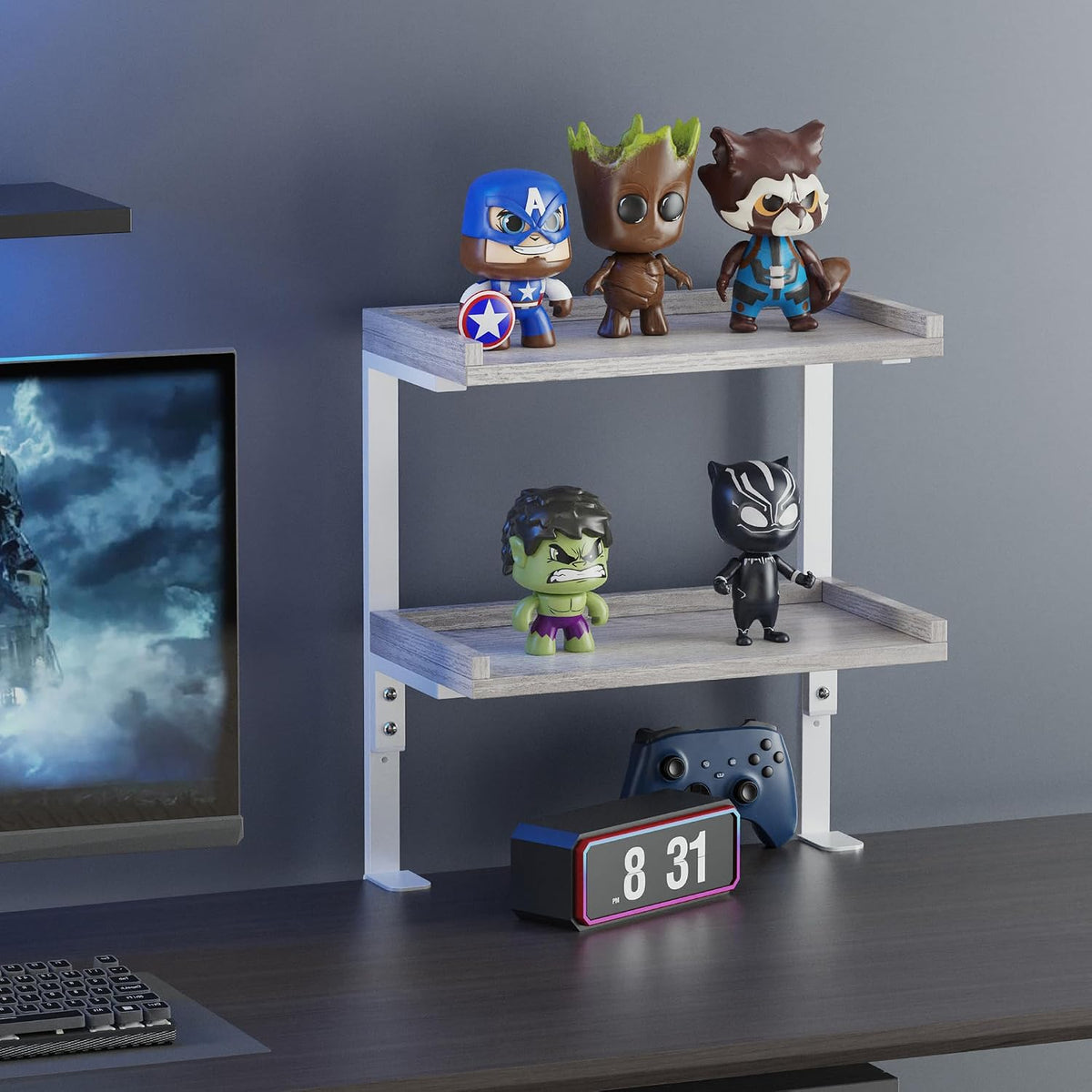 Clamp On Desk Shelf 2-Tier, 12.6 inche Wood Shelving Unit for Office Desk/Gaming Accessories, Tabletop Book Storage Rack, Shelf for Top & Under of Desk, Brown