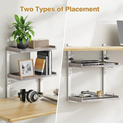 Clamp On Desk Shelf 2-Tier, 12.6 inche Wood Shelving Unit for Office Desk/Gaming Accessories, Tabletop Book Storage Rack, Shelf for Top & Under of Desk, Brown