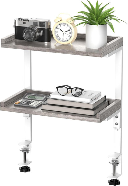 Clamp On Desk Shelf 2-Tier, 12.6 inche Wood Shelving Unit for Office Desk/Gaming Accessories, Tabletop Book Storage Rack, Shelf for Top & Under of Desk, Brown