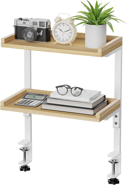 Clamp On Desk Shelf 2-Tier, 12.6 inche Wood Shelving Unit for Office Desk/Gaming Accessories, Tabletop Book Storage Rack, Shelf for Top & Under of Desk, Brown