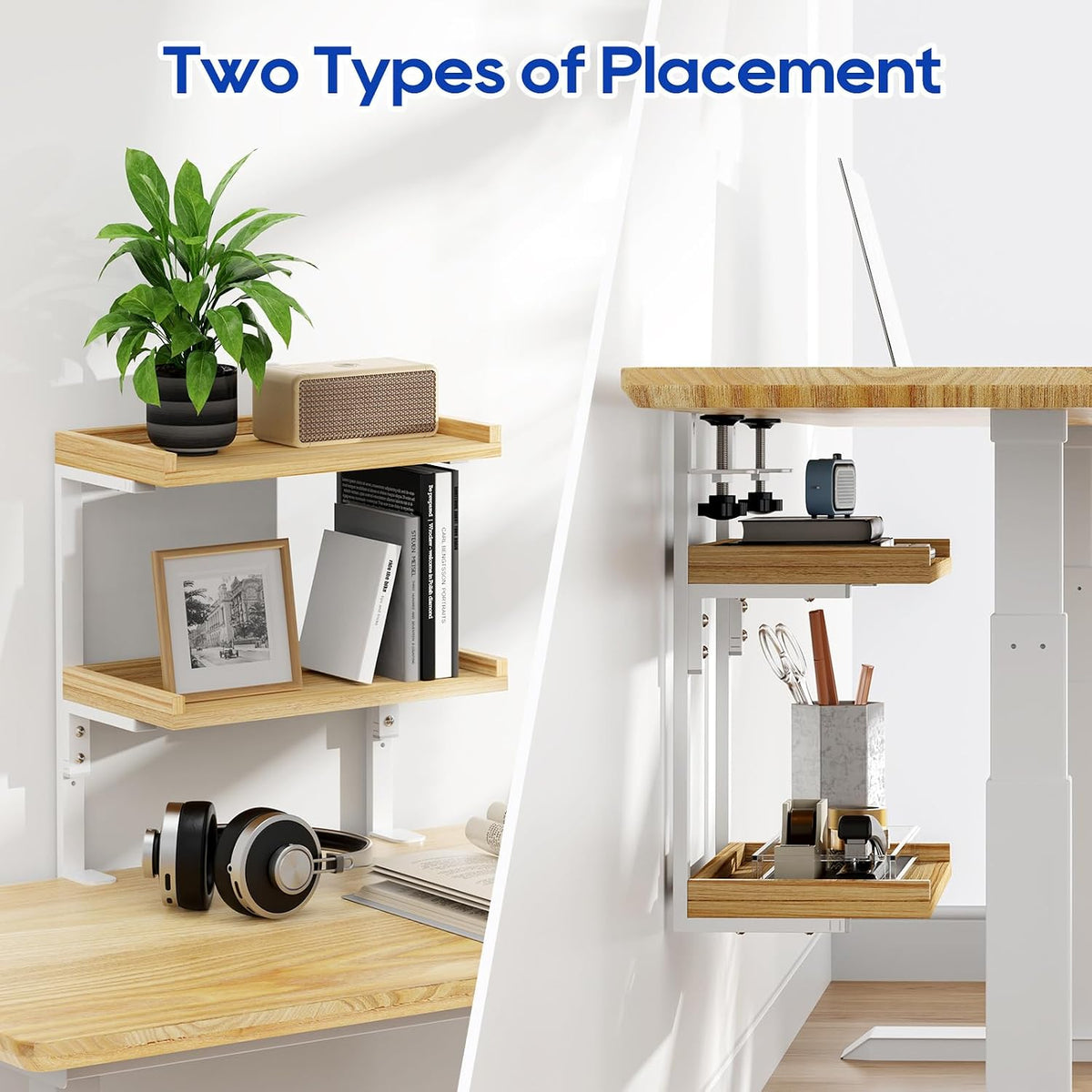 Clamp On Desk Shelf 2-Tier, 12.6 inche Wood Shelving Unit for Office Desk/Gaming Accessories, Tabletop Book Storage Rack, Shelf for Top & Under of Desk, Brown