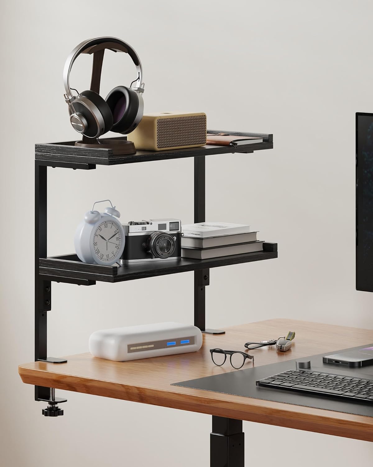 Clamp On Desk Shelf 2-Tier, 12.6 inche Wood Shelving Unit for Office Desk/Gaming Accessories, Tabletop Book Storage Rack, Shelf for Top & Under of Desk, Brown