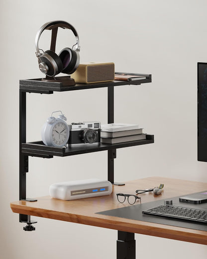 Clamp On Desk Shelf 2-Tier, 12.6 inche Wood Shelving Unit for Office Desk/Gaming Accessories, Tabletop Book Storage Rack, Shelf for Top & Under of Desk, Brown