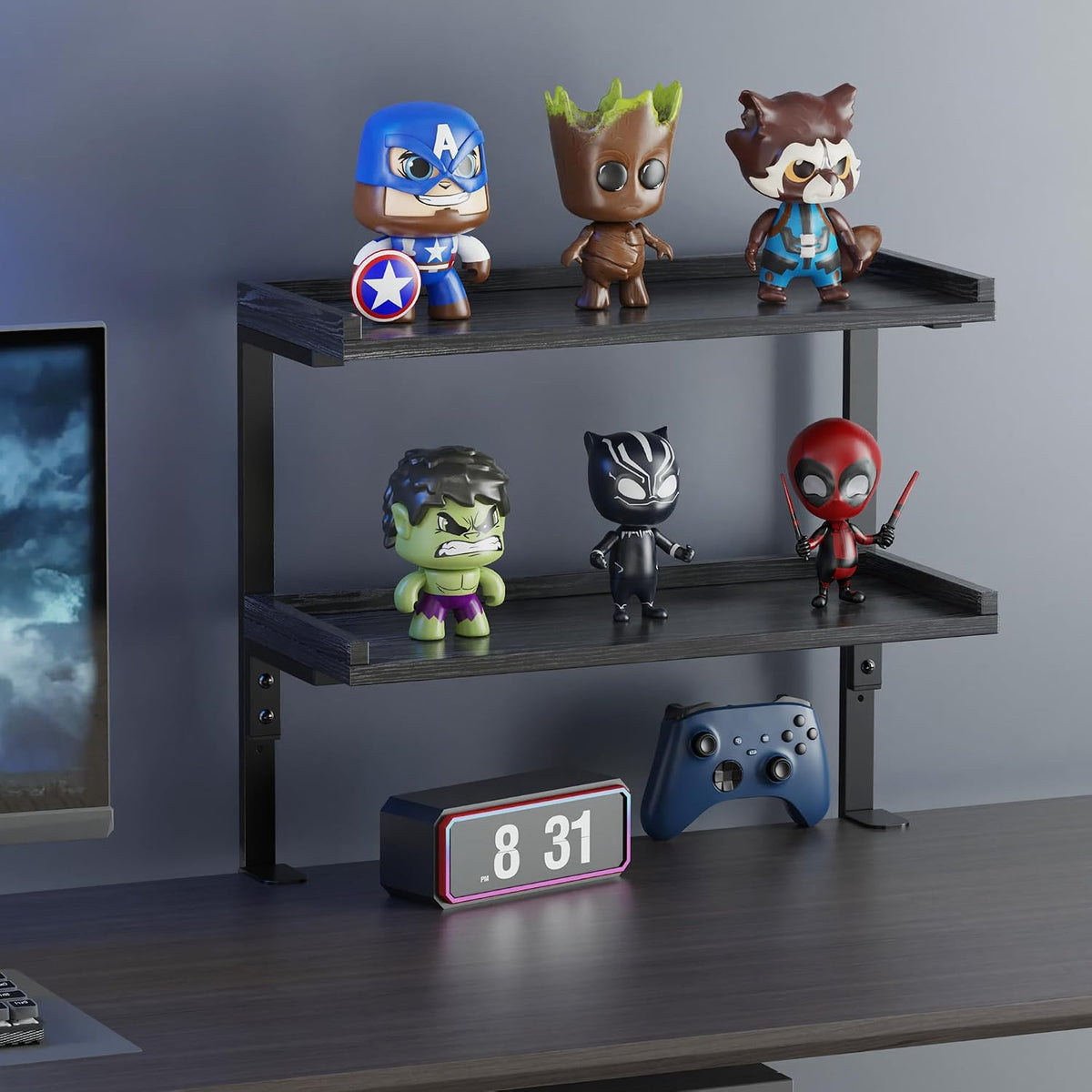 Clamp On Desk Shelf 2-Tier, 12.6 inche Wood Shelving Unit for Office Desk/Gaming Accessories, Tabletop Book Storage Rack, Shelf for Top & Under of Desk, Brown