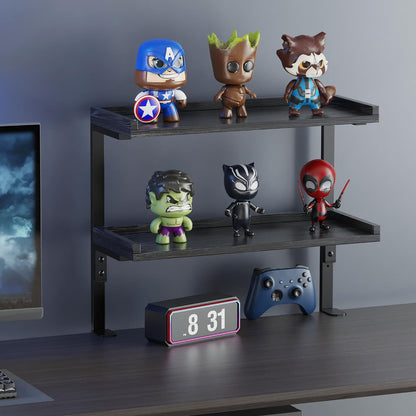 Clamp On Desk Shelf 2-Tier, 12.6 inche Wood Shelving Unit for Office Desk/Gaming Accessories, Tabletop Book Storage Rack, Shelf for Top & Under of Desk, Brown