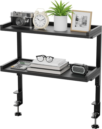 Clamp On Desk Shelf 2-Tier, 12.6 inche Wood Shelving Unit for Office Desk/Gaming Accessories, Tabletop Book Storage Rack, Shelf for Top & Under of Desk, Brown