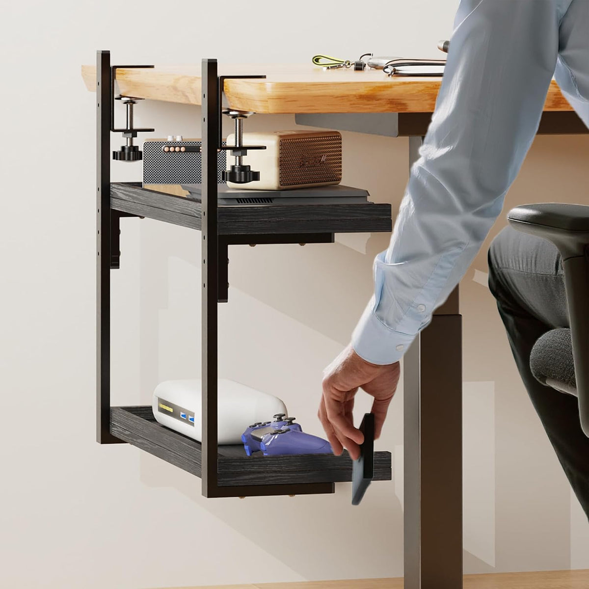 Clamp On Desk Shelf 2-Tier, 12.6 inche Wood Shelving Unit for Office Desk/Gaming Accessories, Tabletop Book Storage Rack, Shelf for Top & Under of Desk, Brown