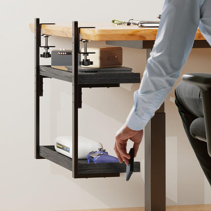 Clamp On Desk Shelf 2-Tier, 12.6 inche Wood Shelving Unit for Office Desk/Gaming Accessories, Tabletop Book Storage Rack, Shelf for Top & Under of Desk, Brown