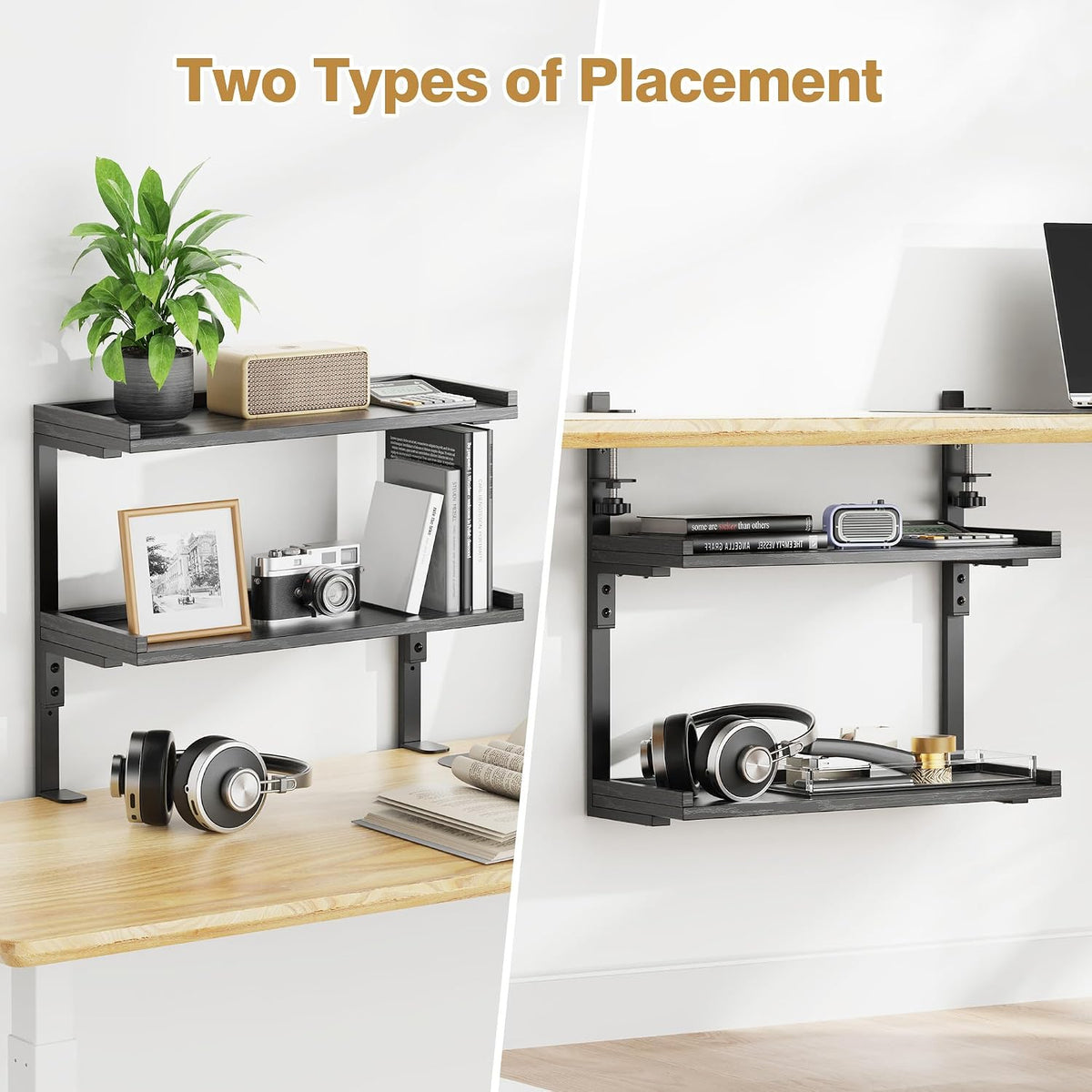 Clamp On Desk Shelf 2-Tier, 12.6 inche Wood Shelving Unit for Office Desk/Gaming Accessories, Tabletop Book Storage Rack, Shelf for Top & Under of Desk, Brown