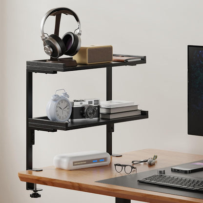 Clamp On Desk Shelf 2-Tier, 12.6 inche Wood Shelving Unit for Office Desk/Gaming Accessories, Tabletop Book Storage Rack, Shelf for Top & Under of Desk, Brown
