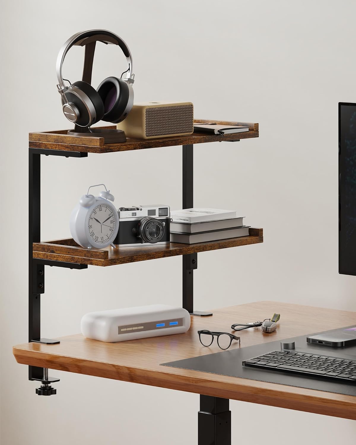 Clamp On Desk Shelf 2-Tier, 12.6 inche Wood Shelving Unit for Office Desk/Gaming Accessories, Tabletop Book Storage Rack, Shelf for Top & Under of Desk, Brown
