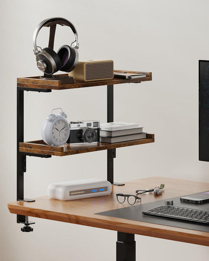 Clamp On Desk Shelf 2-Tier, 12.6 inche Wood Shelving Unit for Office Desk/Gaming Accessories, Tabletop Book Storage Rack, Shelf for Top & Under of Desk, Brown