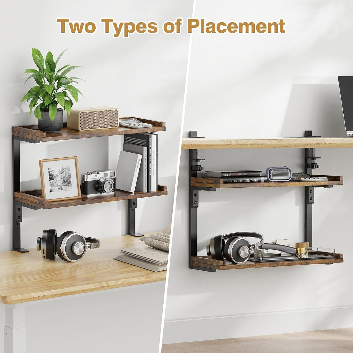 Clamp On Desk Shelf 2-Tier, 12.6 inche Wood Shelving Unit for Office Desk/Gaming Accessories, Tabletop Book Storage Rack, Shelf for Top & Under of Desk, Brown