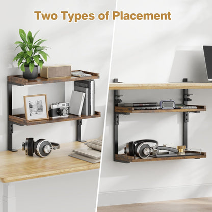 Clamp On Desk Shelf 2-Tier, 12.6 inche Wood Shelving Unit for Office Desk/Gaming Accessories, Tabletop Book Storage Rack, Shelf for Top & Under of Desk, Brown