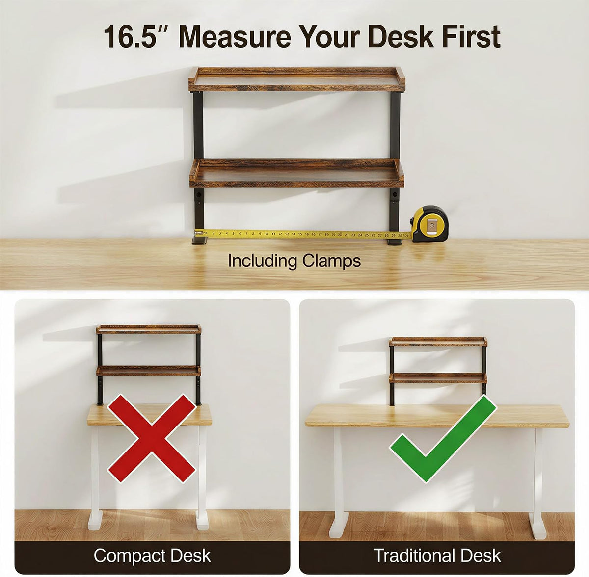 Clamp On Desk Shelf 2-Tier, 12.6 inche Wood Shelving Unit for Office Desk/Gaming Accessories, Tabletop Book Storage Rack, Shelf for Top & Under of Desk, Brown