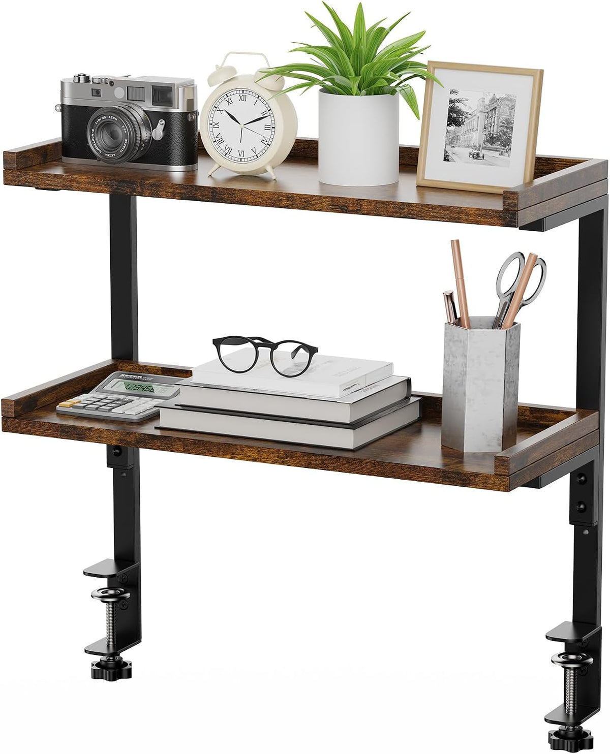 Clamp On Desk Shelf 2-Tier, 12.6 inche Wood Shelving Unit for Office Desk/Gaming Accessories, Tabletop Book Storage Rack, Shelf for Top & Under of Desk, Brown