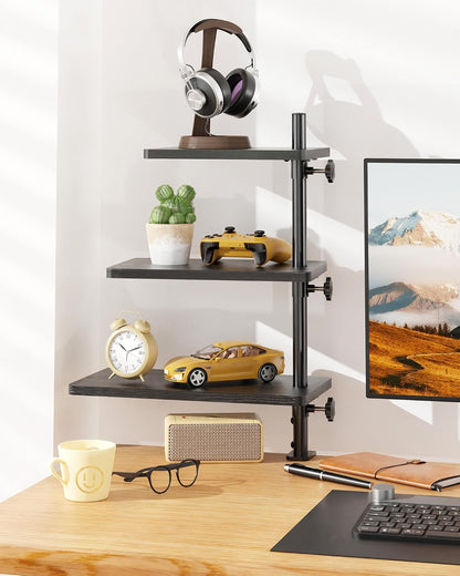 Clamp On Desk Shelf 2-Tier, 12.6 inche Wood Shelving Unit for Office Desk/Gaming Accessories, Tabletop Book Storage Rack, Shelf for Top & Under of Desk, Brown