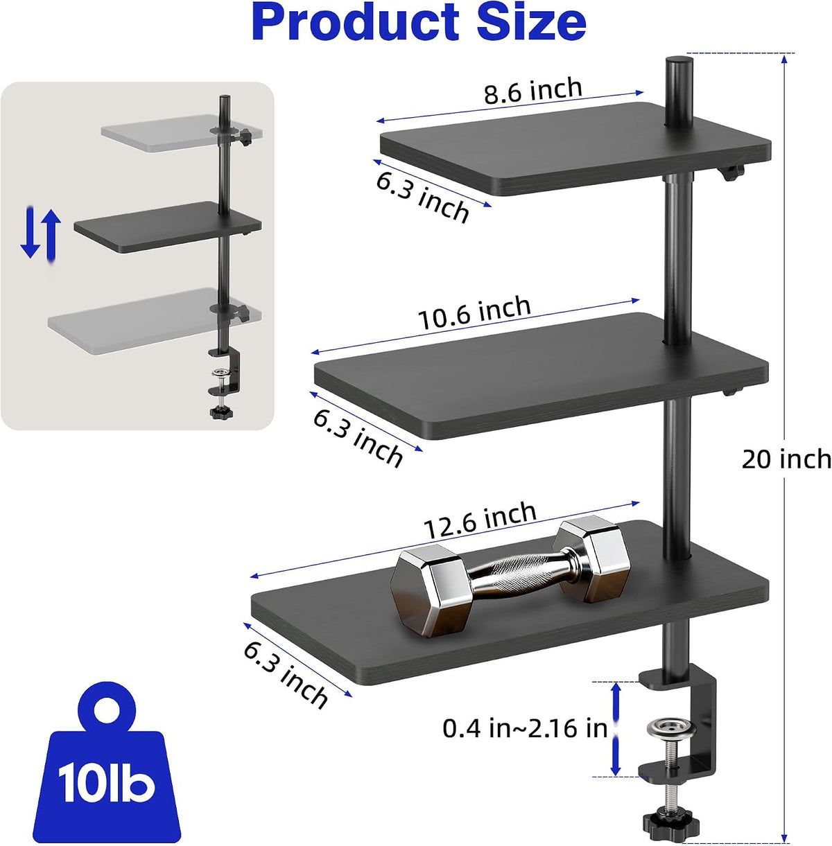 Clamp On Desk Shelf 2-Tier, 12.6 inche Wood Shelving Unit for Office Desk/Gaming Accessories, Tabletop Book Storage Rack, Shelf for Top & Under of Desk, Brown