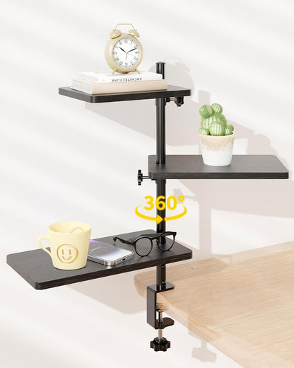 Clamp On Desk Shelf 2-Tier, 12.6 inche Wood Shelving Unit for Office Desk/Gaming Accessories, Tabletop Book Storage Rack, Shelf for Top & Under of Desk, Brown
