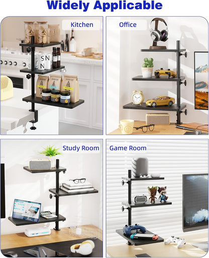 Clamp On Desk Shelf 2-Tier, 12.6 inche Wood Shelving Unit for Office Desk/Gaming Accessories, Tabletop Book Storage Rack, Shelf for Top & Under of Desk, Brown