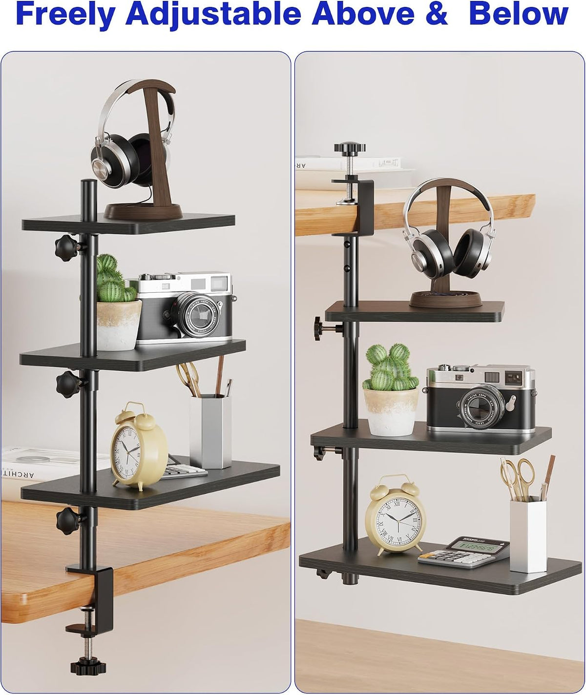 Clamp On Desk Shelf 2-Tier, 12.6 inche Wood Shelving Unit for Office Desk/Gaming Accessories, Tabletop Book Storage Rack, Shelf for Top & Under of Desk, Brown