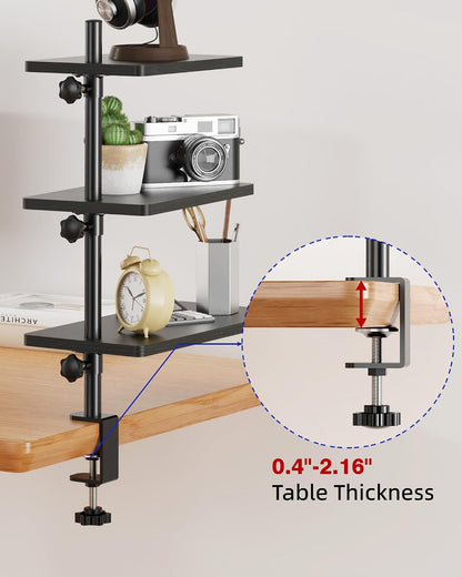 Clamp On Desk Shelf 2-Tier, 12.6 inche Wood Shelving Unit for Office Desk/Gaming Accessories, Tabletop Book Storage Rack, Shelf for Top & Under of Desk, Brown