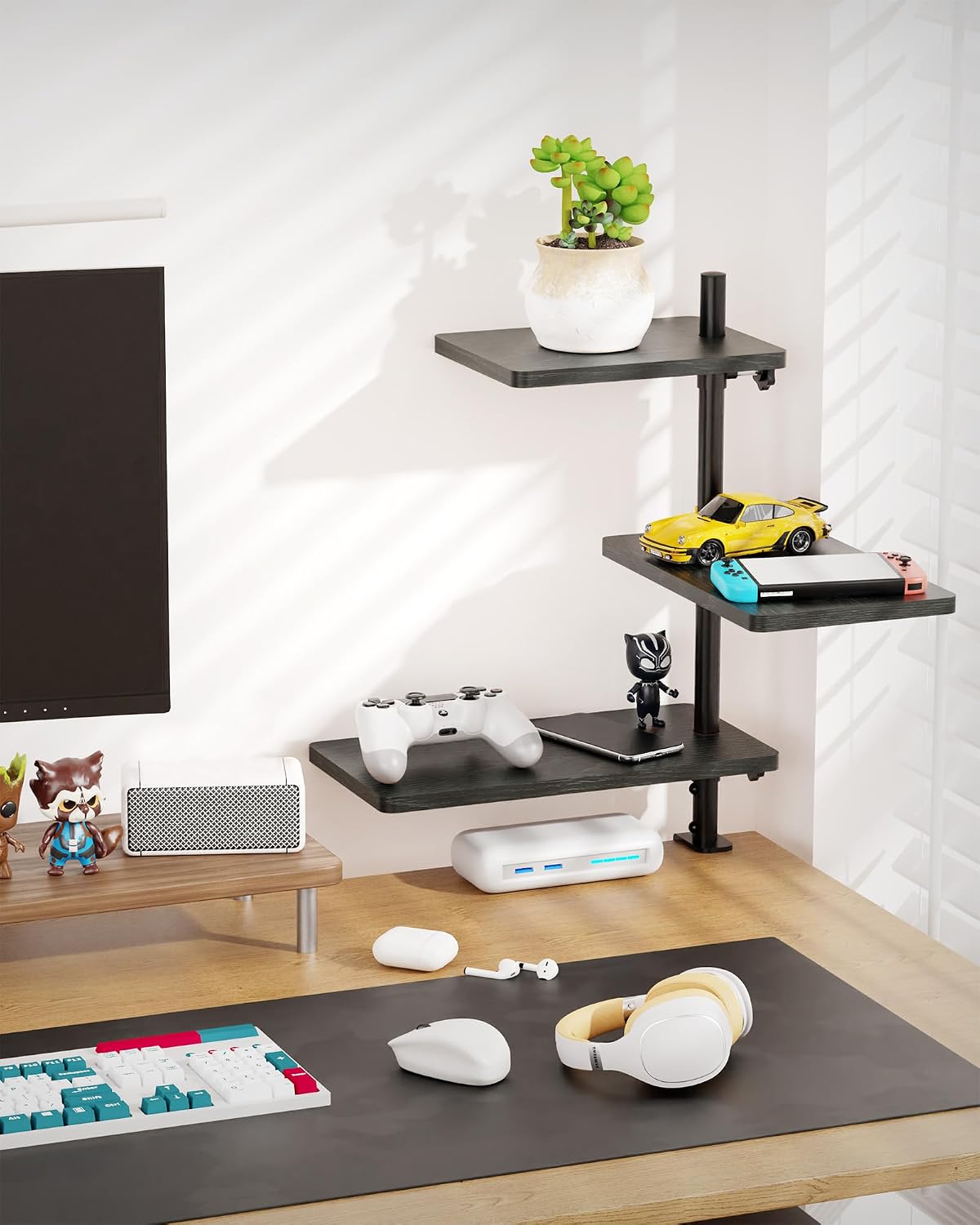 Clamp On Desk Shelf 2-Tier, 12.6 inche Wood Shelving Unit for Office Desk/Gaming Accessories, Tabletop Book Storage Rack, Shelf for Top & Under of Desk, Brown